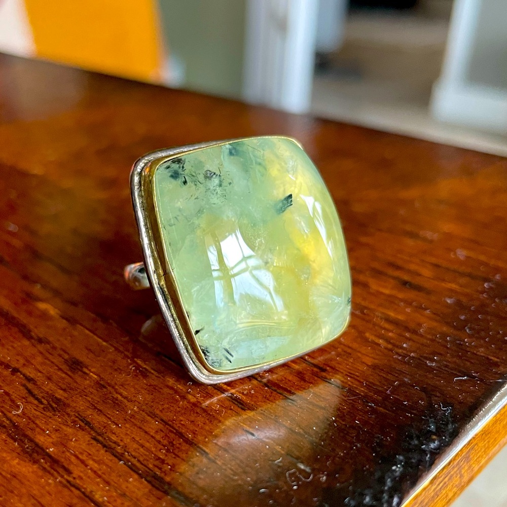 Genuine Prehnite Stone Adjustable Ring // 925 Silver // RARE